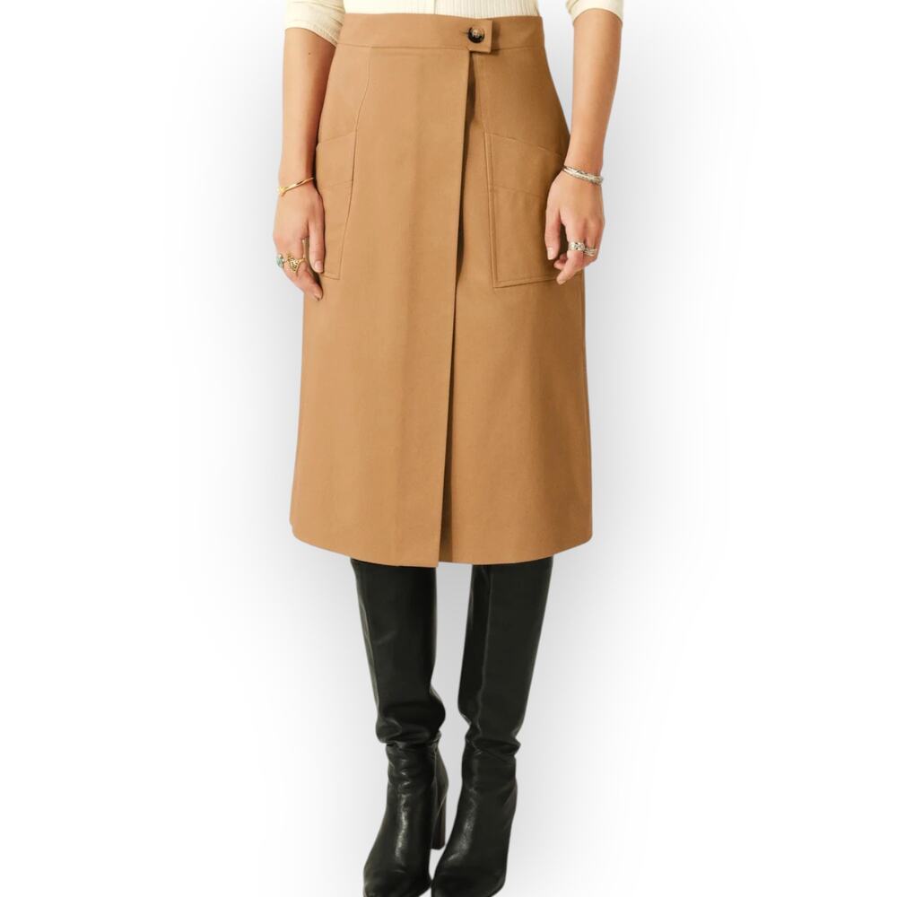 10/42 BA&SH Bastien CottonBlend ALine Wrap Midi Skirt Camel PatchPockets